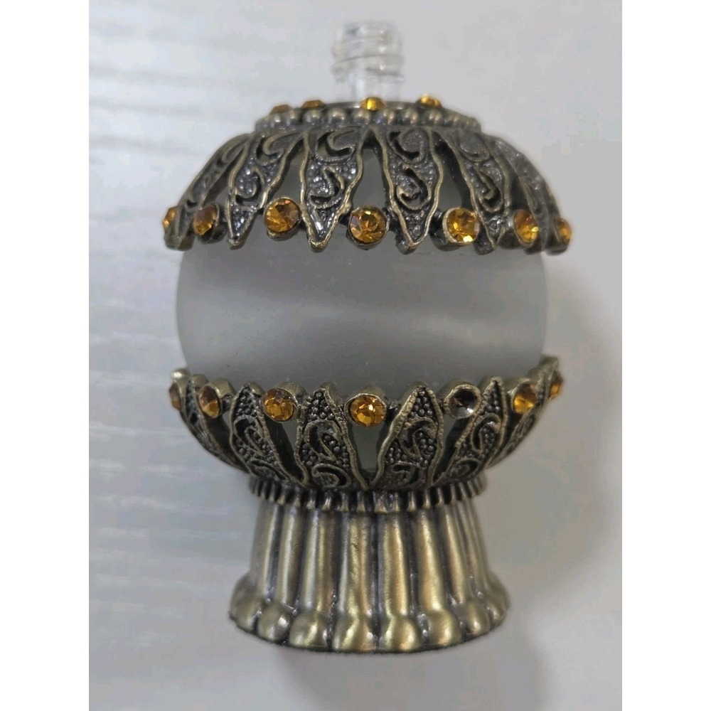 Filigree Perfume Bottle Frosted Glass Gold Tone Rhinestones Crystal Ball Top - Picture 3 of 6